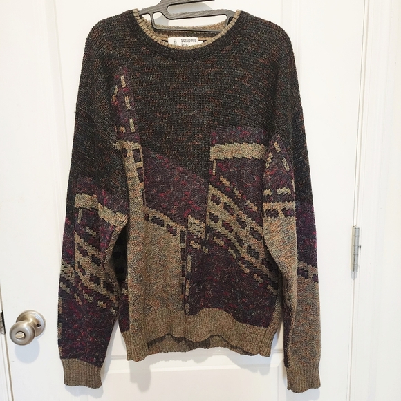 Vintage London Fog Scenic Knit Sweater Men's Large L Grandpa Fisherman Warm EUC